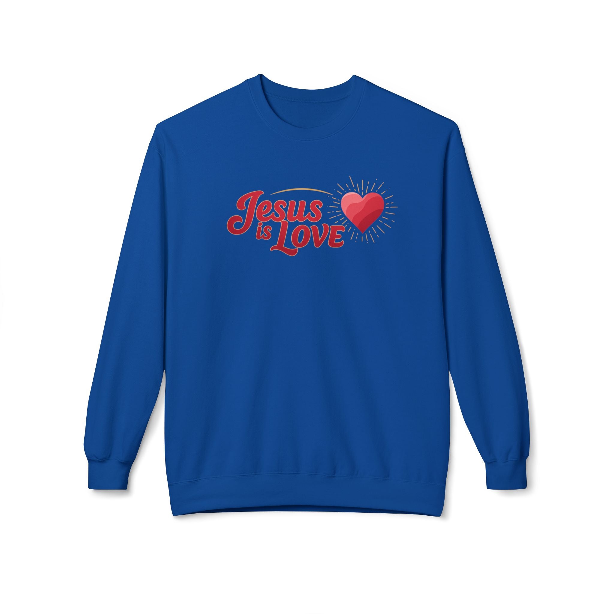 Blue Jesus is Love sweatshirt with red heart graphic and long sleeves by LuckeLadybug