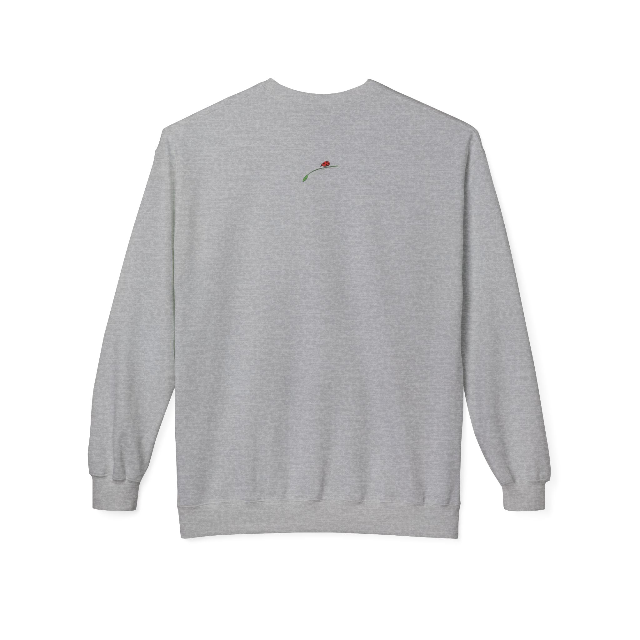 Back view of gray Jesus is Love sweatshirt by LuckeLadybug with small embroidered ladybug detail