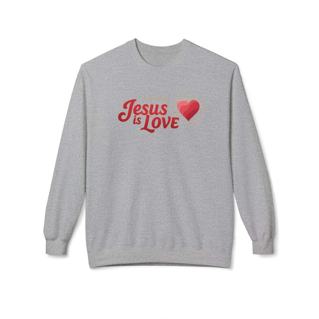 Gray LuckeLadybug Jesus is Love sweatshirt with red text and heart graphic on front
