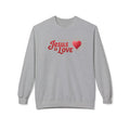 Gray LuckeLadybug Jesus is Love sweatshirt with red text and heart graphic on front