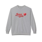 Gray LuckeLadybug Jesus is Love sweatshirt with red text and heart graphic on front