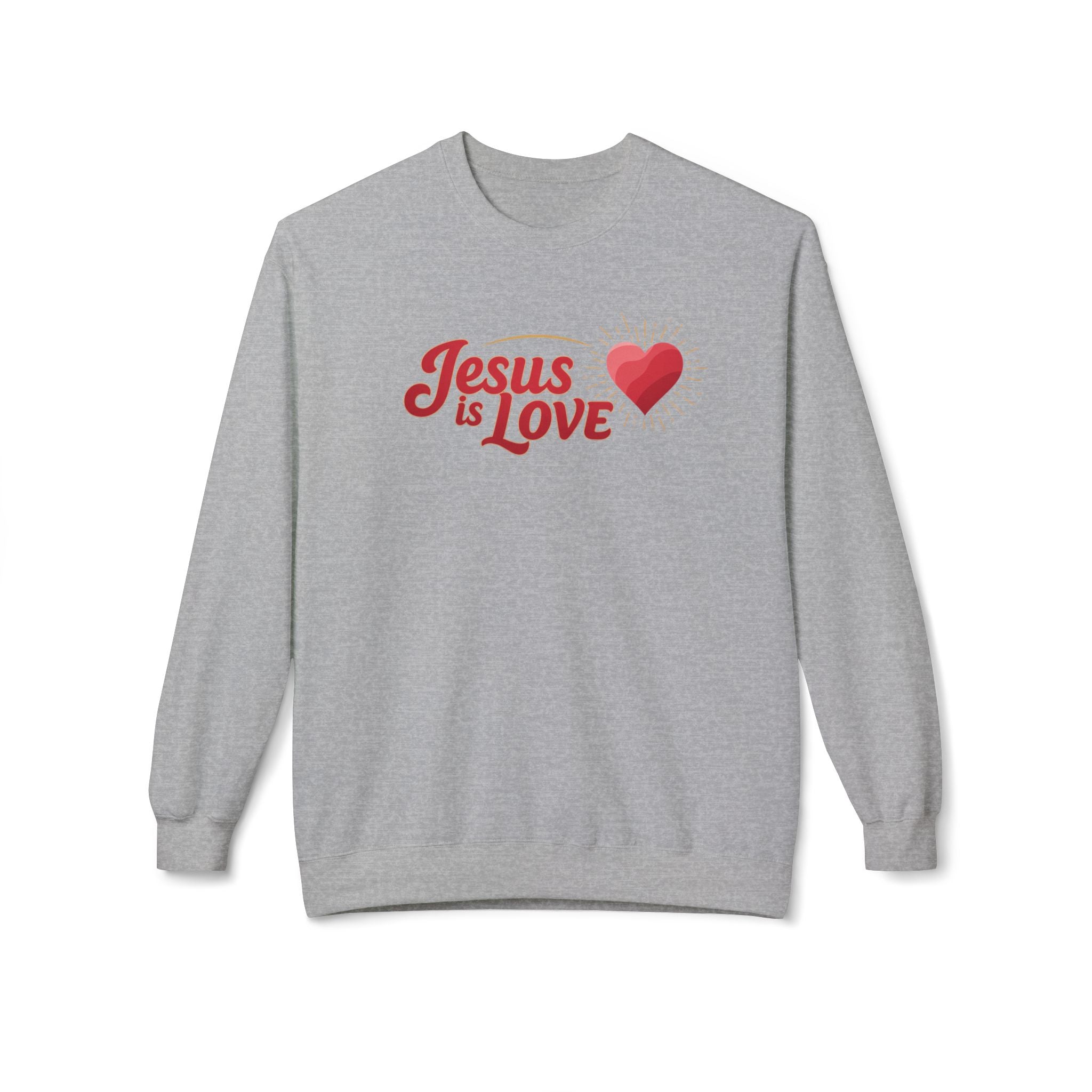 Gray LuckeLadybug Jesus is Love sweatshirt with red text and heart graphic on front