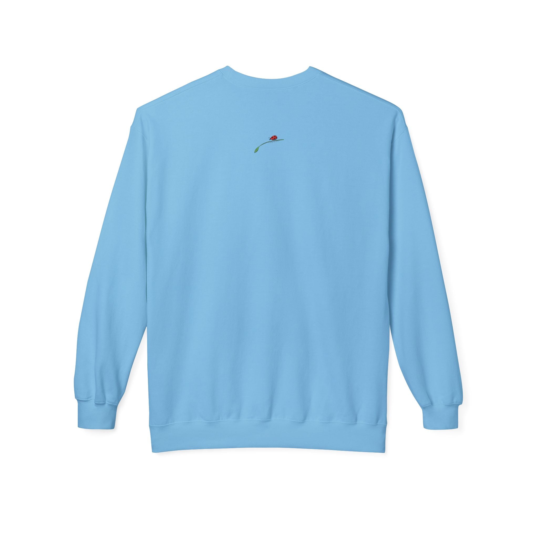 Light blue Jesus is Love sweatshirt by LuckeLadybug with small red rose detail on back