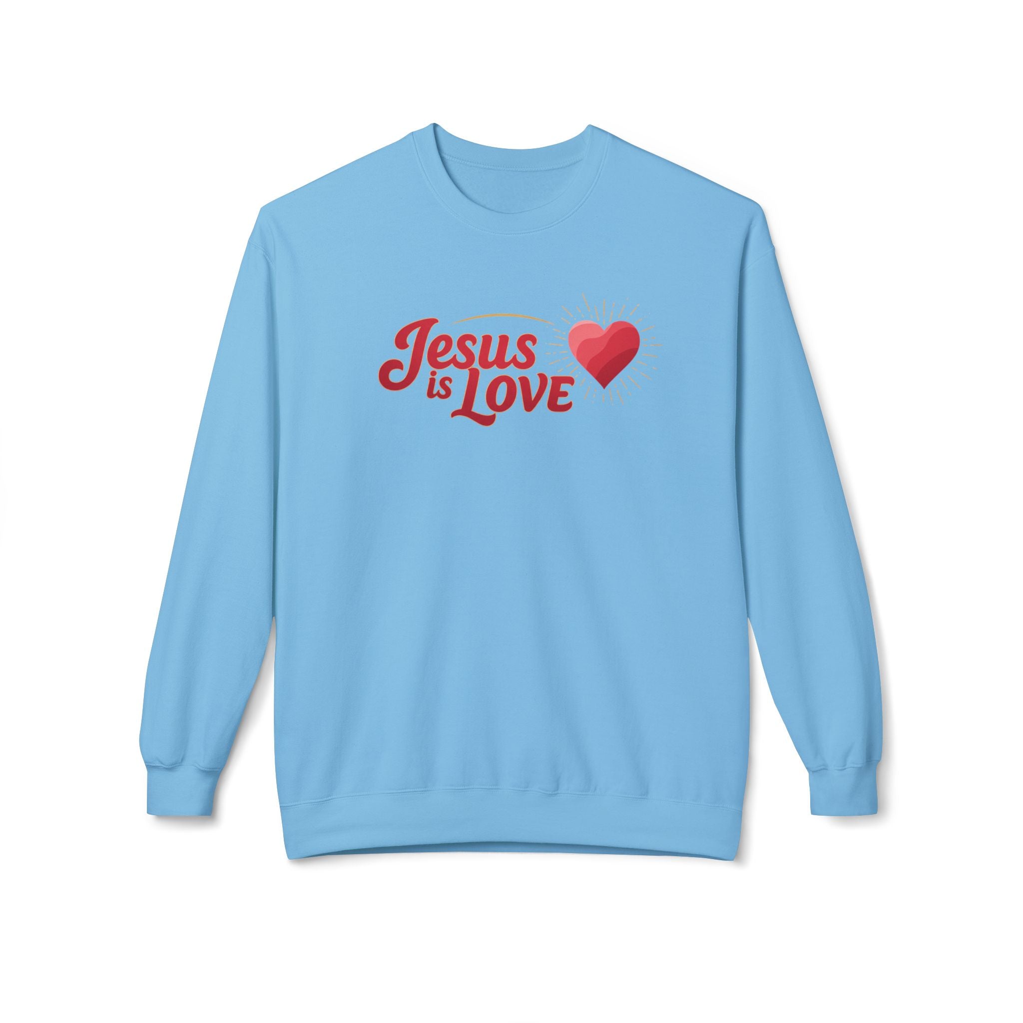 Light blue Jesus is Love sweatshirt with red text and heart graphic by LuckeLadybug