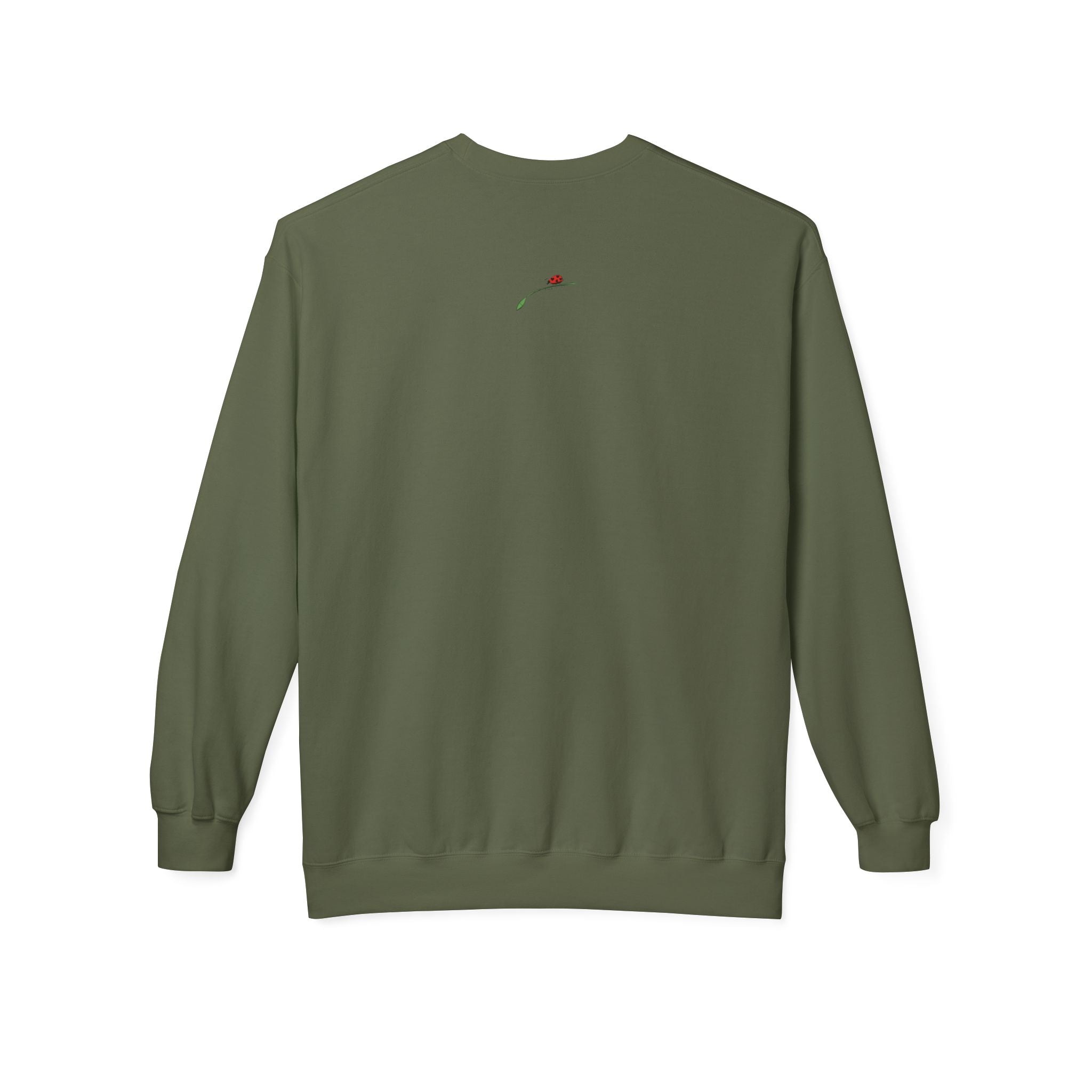 Olive green Jesus is Love sweatshirt with small embroidered red ladybug on the back by LuckeLadybug