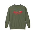 Olive green Jesus is Love sweatshirt with red text and heart graphic by LuckeLadybug