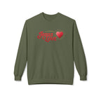 Olive green Jesus is Love sweatshirt with red text and heart graphic by LuckeLadybug