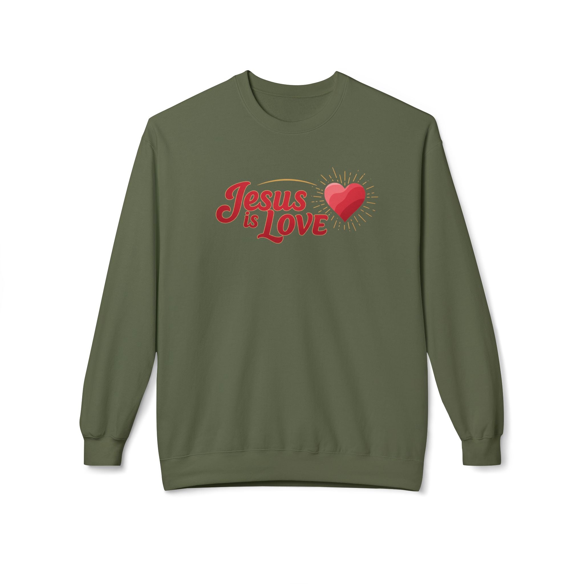 Olive green Jesus is Love sweatshirt with red text and heart graphic by LuckeLadybug