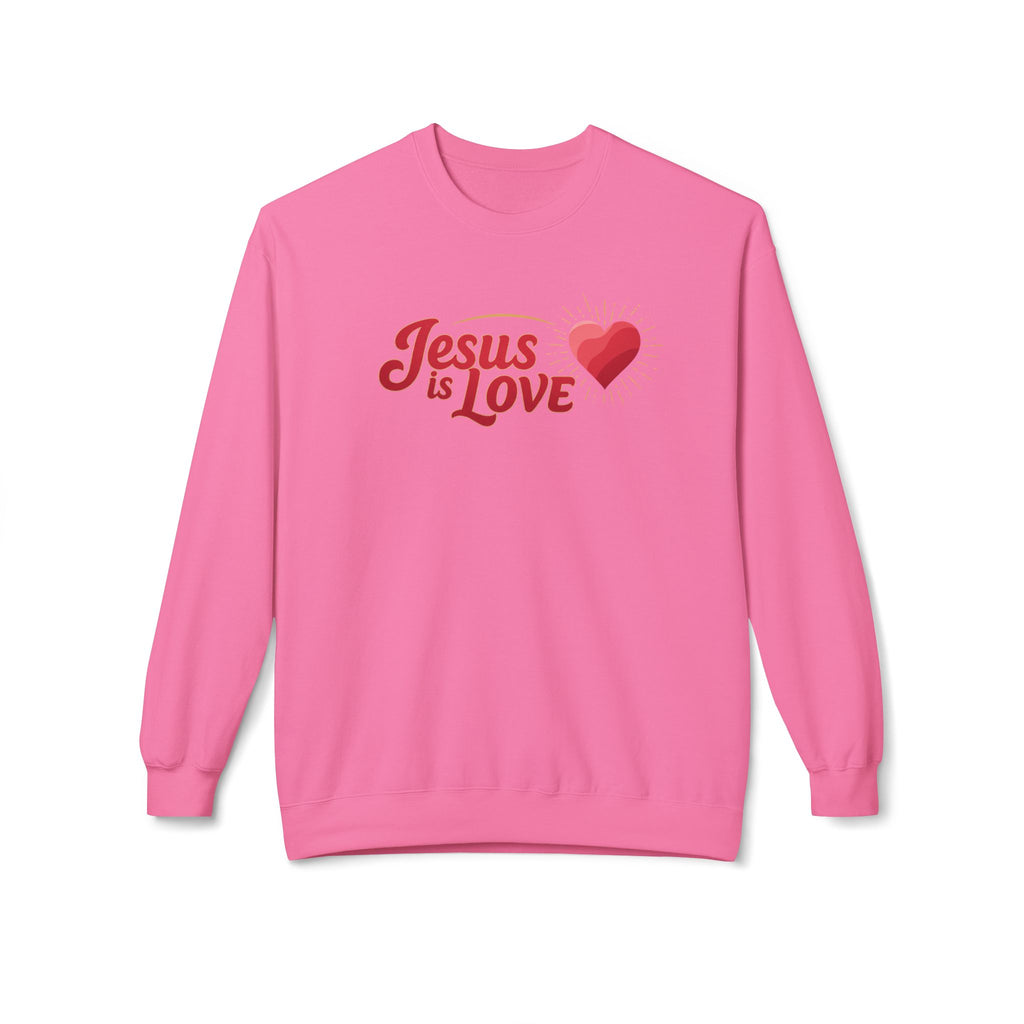 Pink Jesus is Love sweatshirt with heart graphic by LuckeLadybug in a classic crewneck design