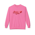 Pink Jesus is Love sweatshirt with heart graphic by LuckeLadybug in a classic crewneck design