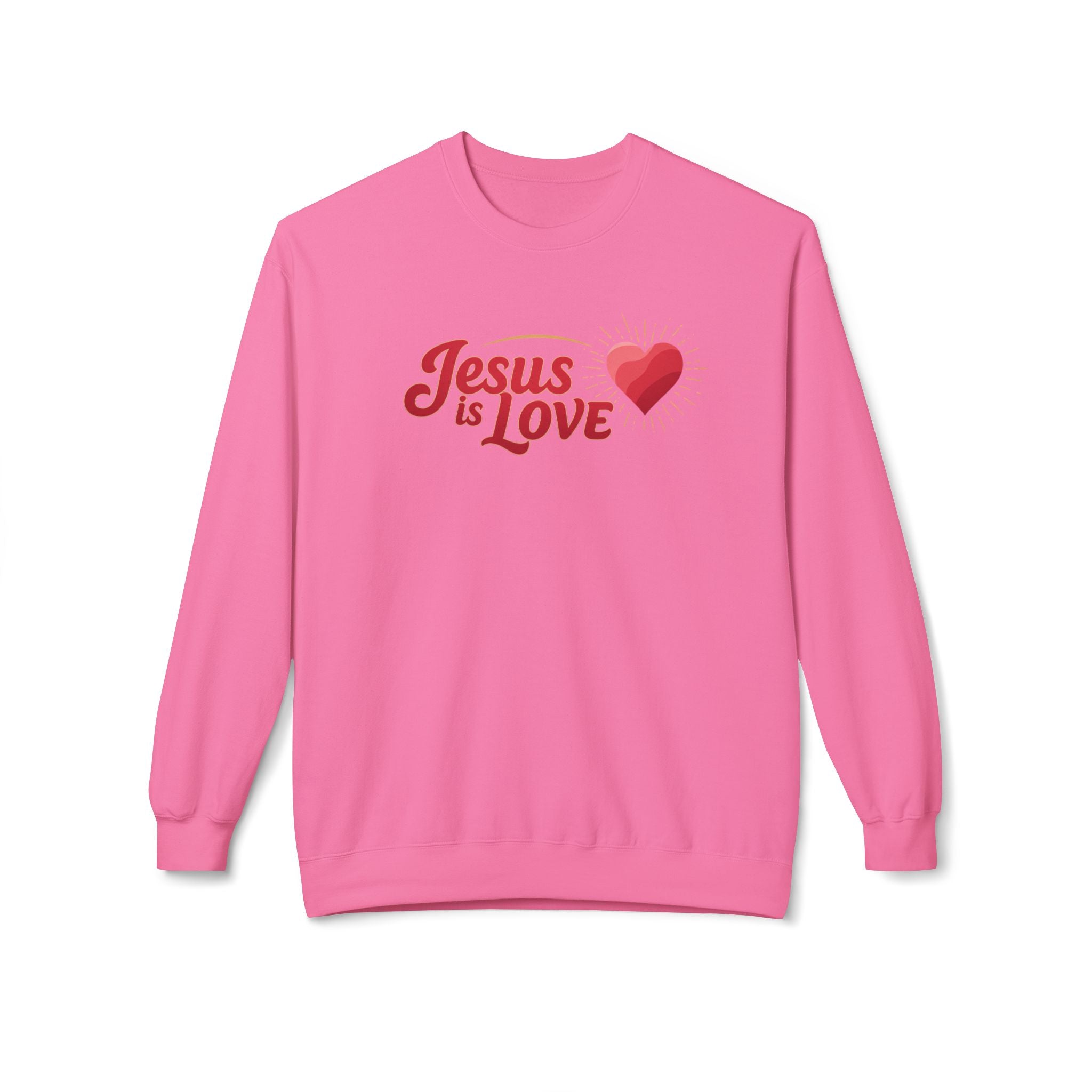 Pink Jesus is Love sweatshirt with heart graphic by LuckeLadybug in a classic crewneck design