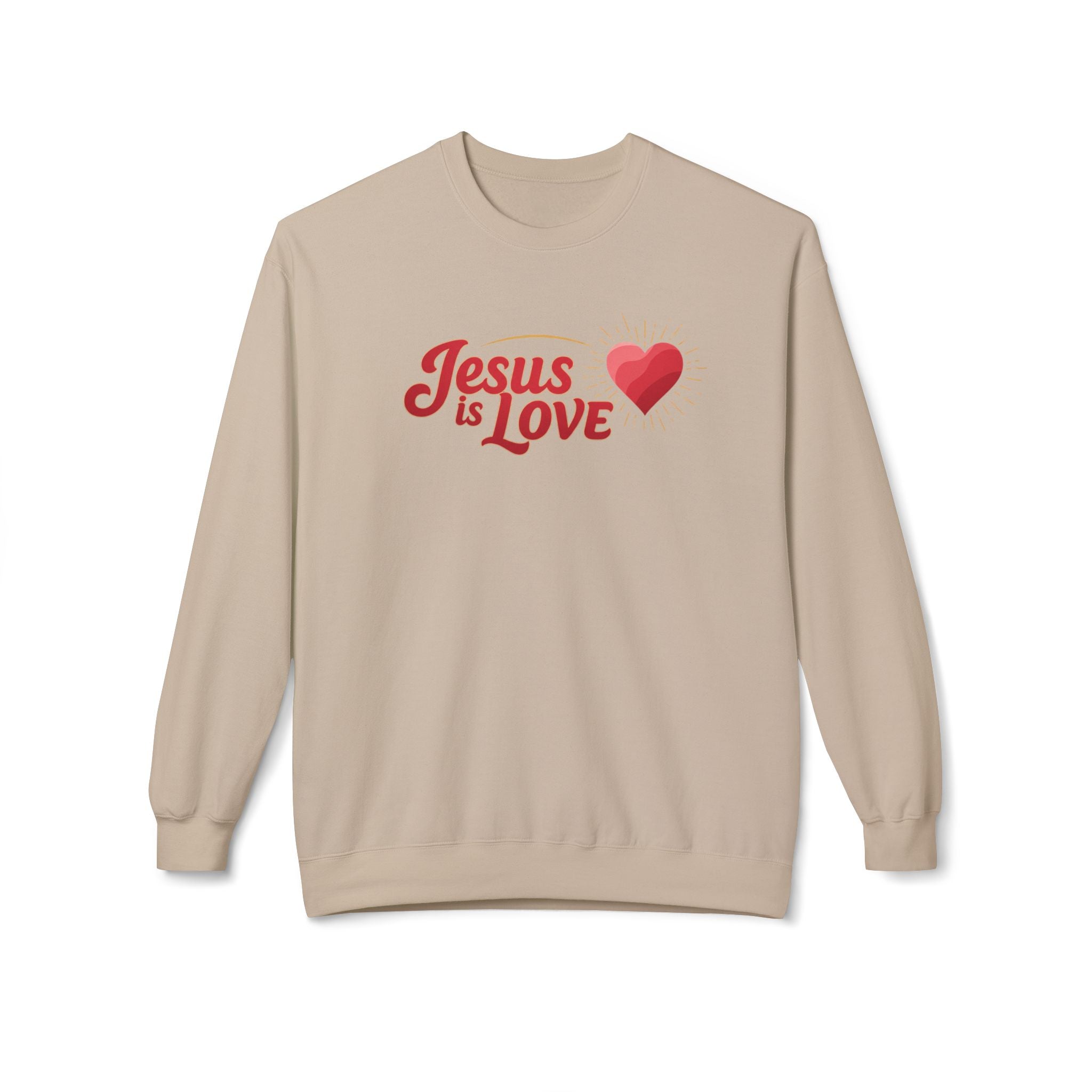 Beige Jesus is Love sweatshirt with red text and heart graphic from LuckeLadybug