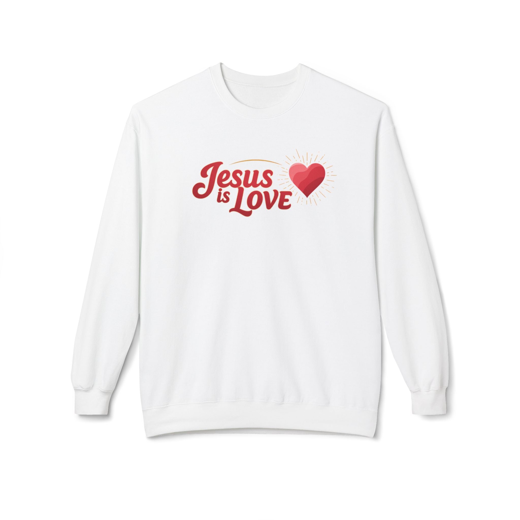 White Jesus is Love sweatshirt with red text and heart graphic by LuckeLadybug