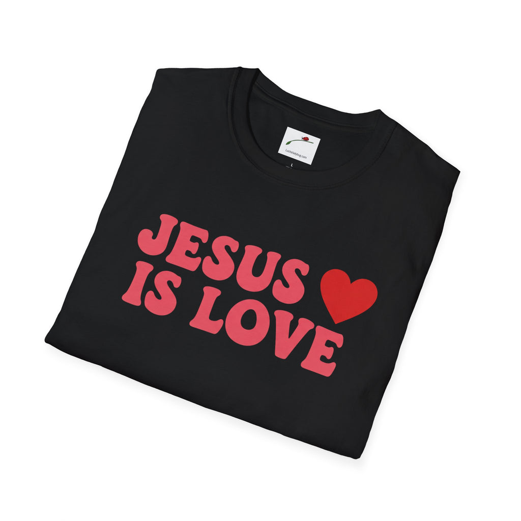 Black Printify Jesus is Love t-shirt with pink and red heart graphic design