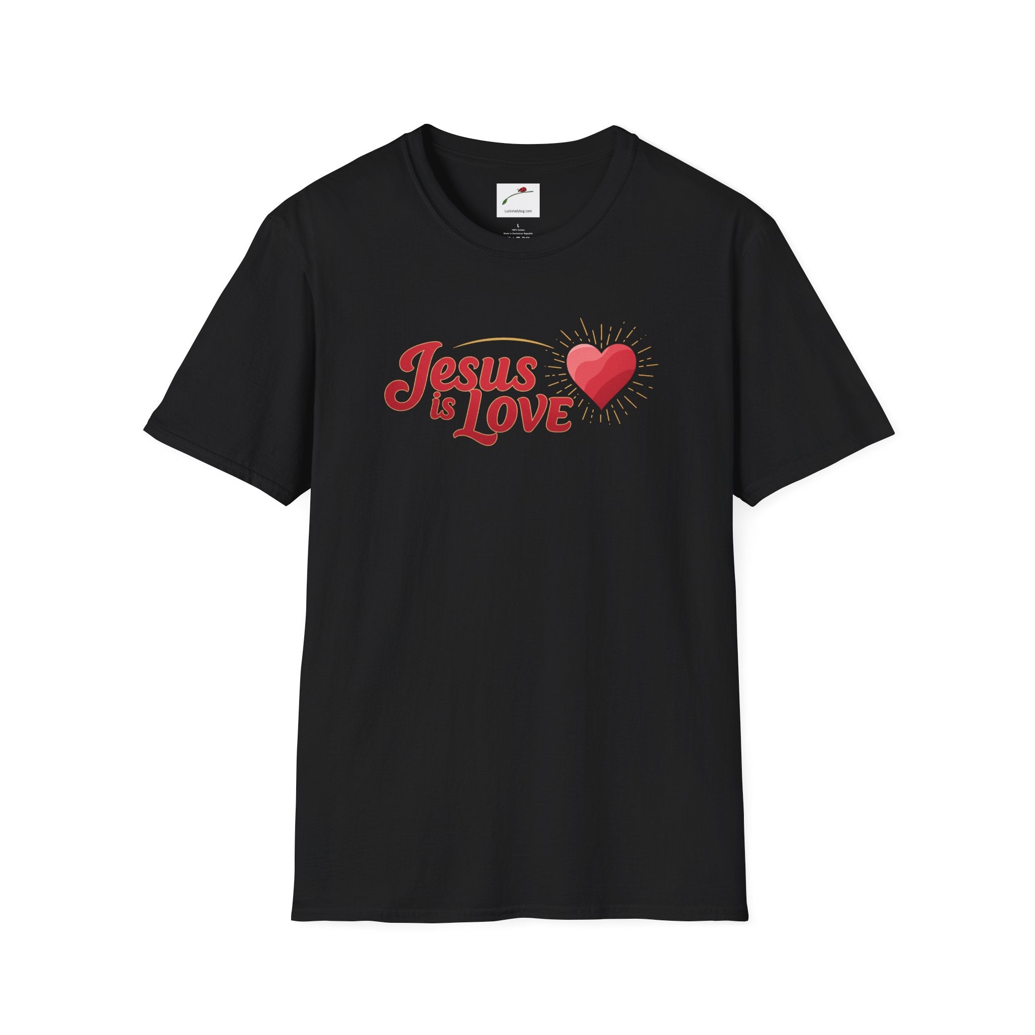 Black Jesus is Love t-shirt by LuckeLadybug featuring red text and heart graphic