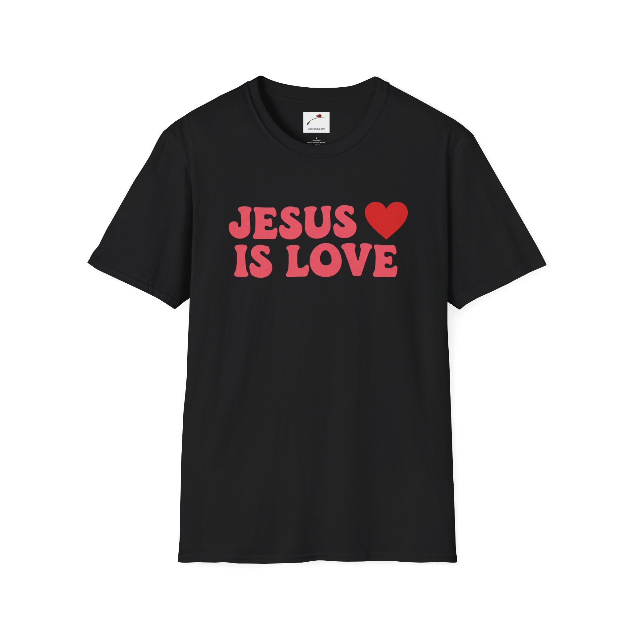 Black Jesus is Love t-shirt with red text and heart graphic by Printify