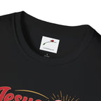 Black Jesus is Love t-shirt by LuckeLadybug with red and gold lettering and sunburst design