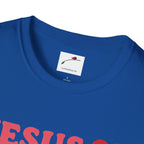 Close-up of blue Jesus is Love t-shirt collar and partial red text print by Printify