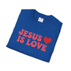 Blue Jesus is Love t-shirt from Printify with red heart graphic and bold pink text