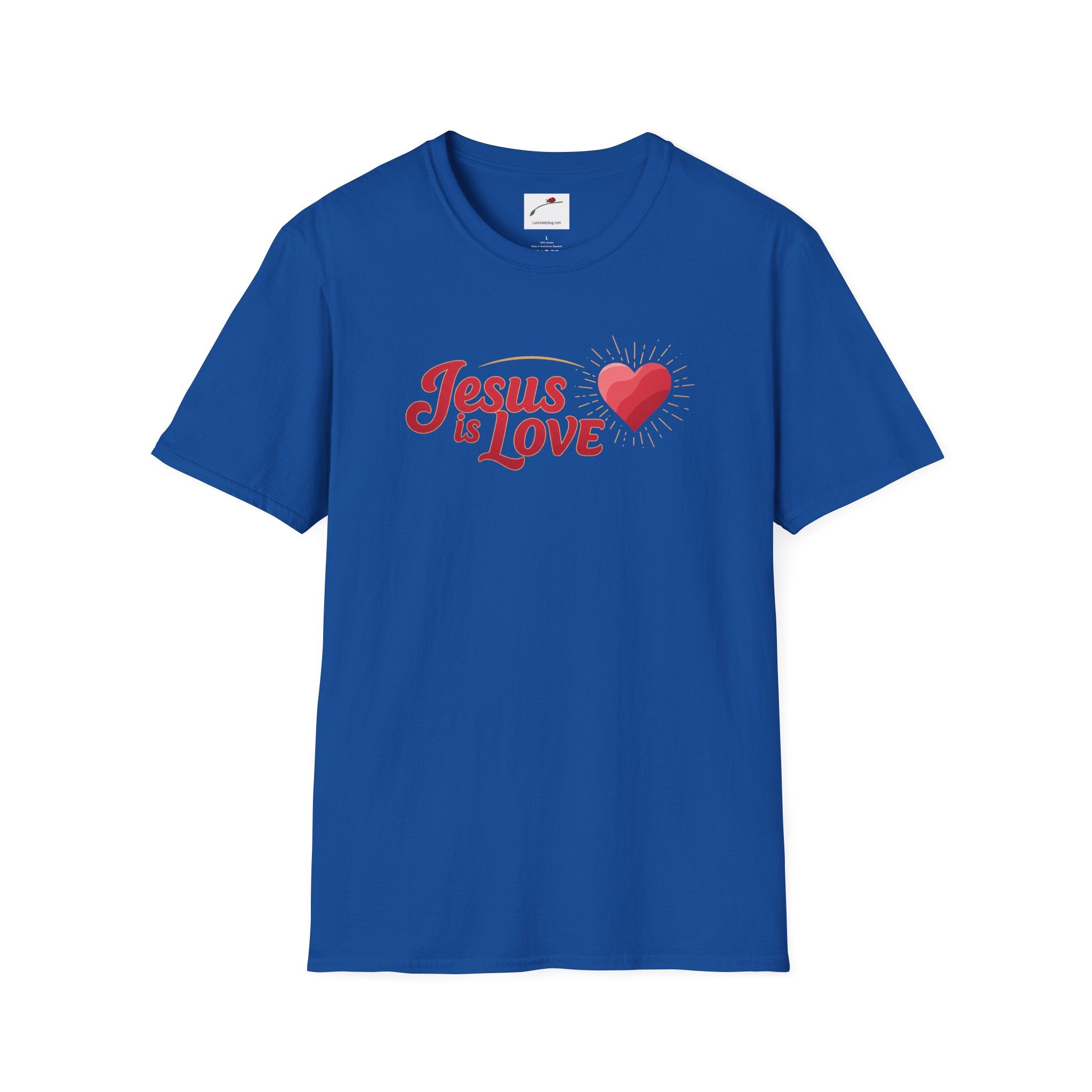 Blue Jesus is Love t-shirt with red heart graphic and religious message by LuckeLadybug