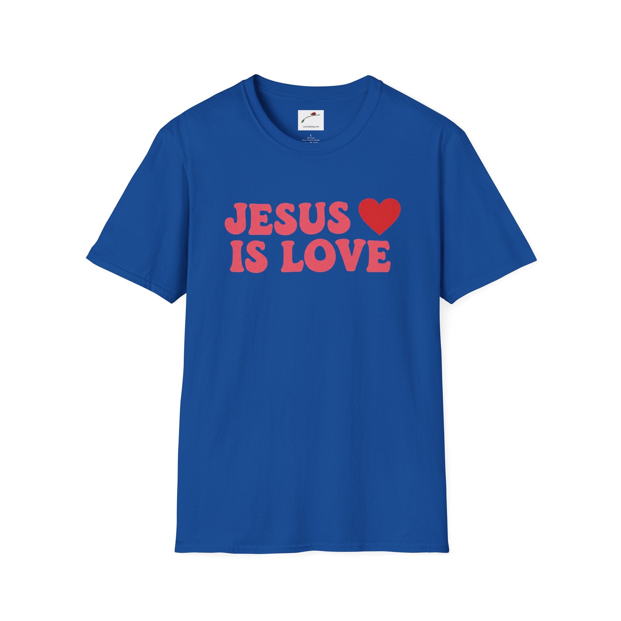 Blue Printify Jesus is Love t-shirt with red text and heart graphic on front