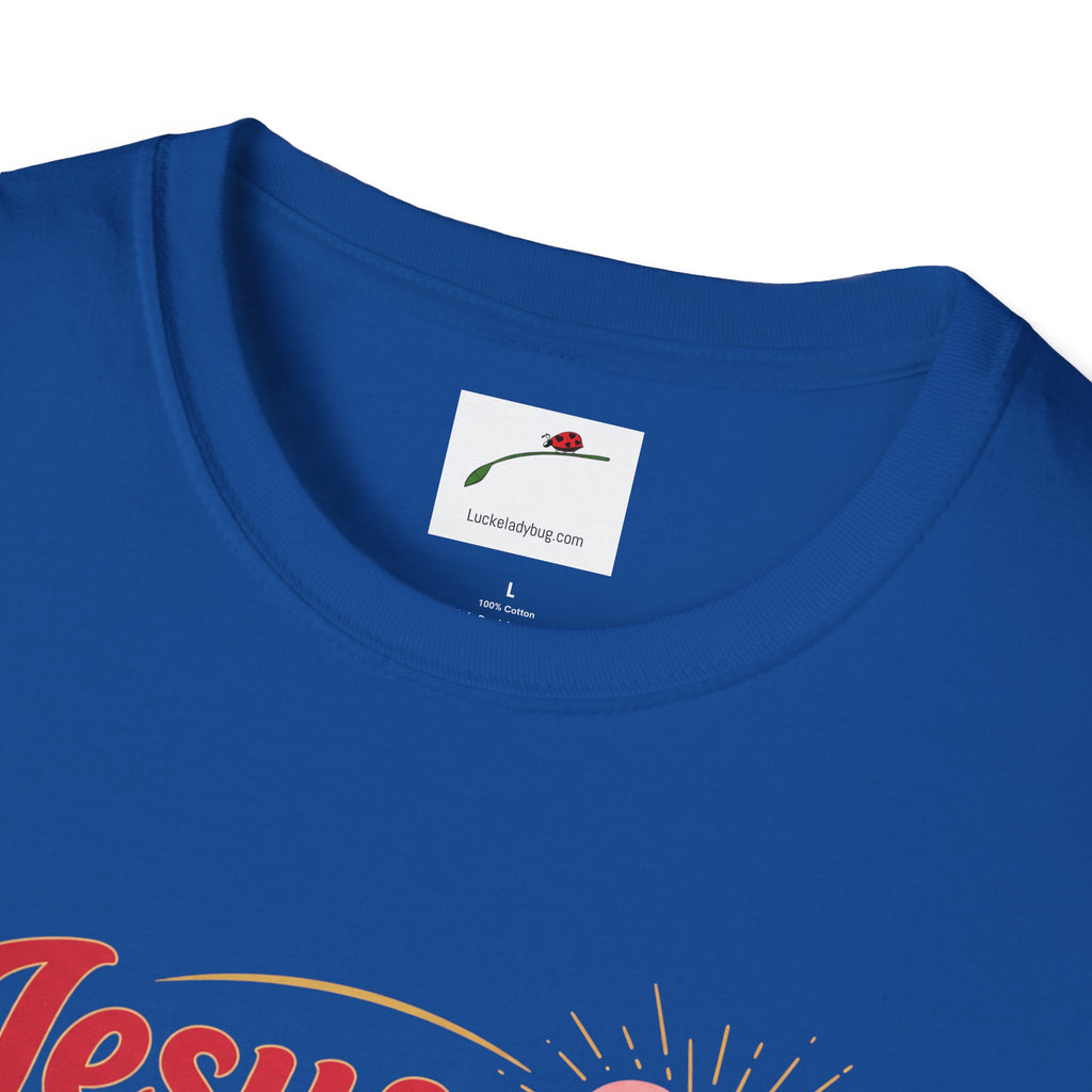 Blue Jesus is Love t-shirt by LuckeLadybug featuring vibrant red and yellow graphic design