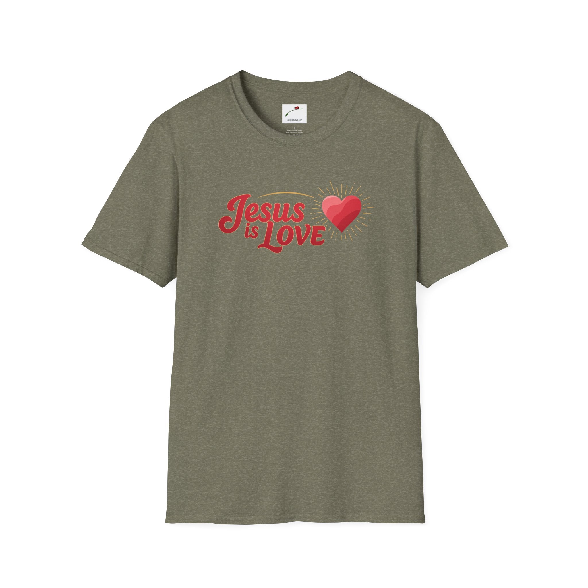 Olive green Jesus is Love t-shirt with red text and heart graphic by LuckeLadybug