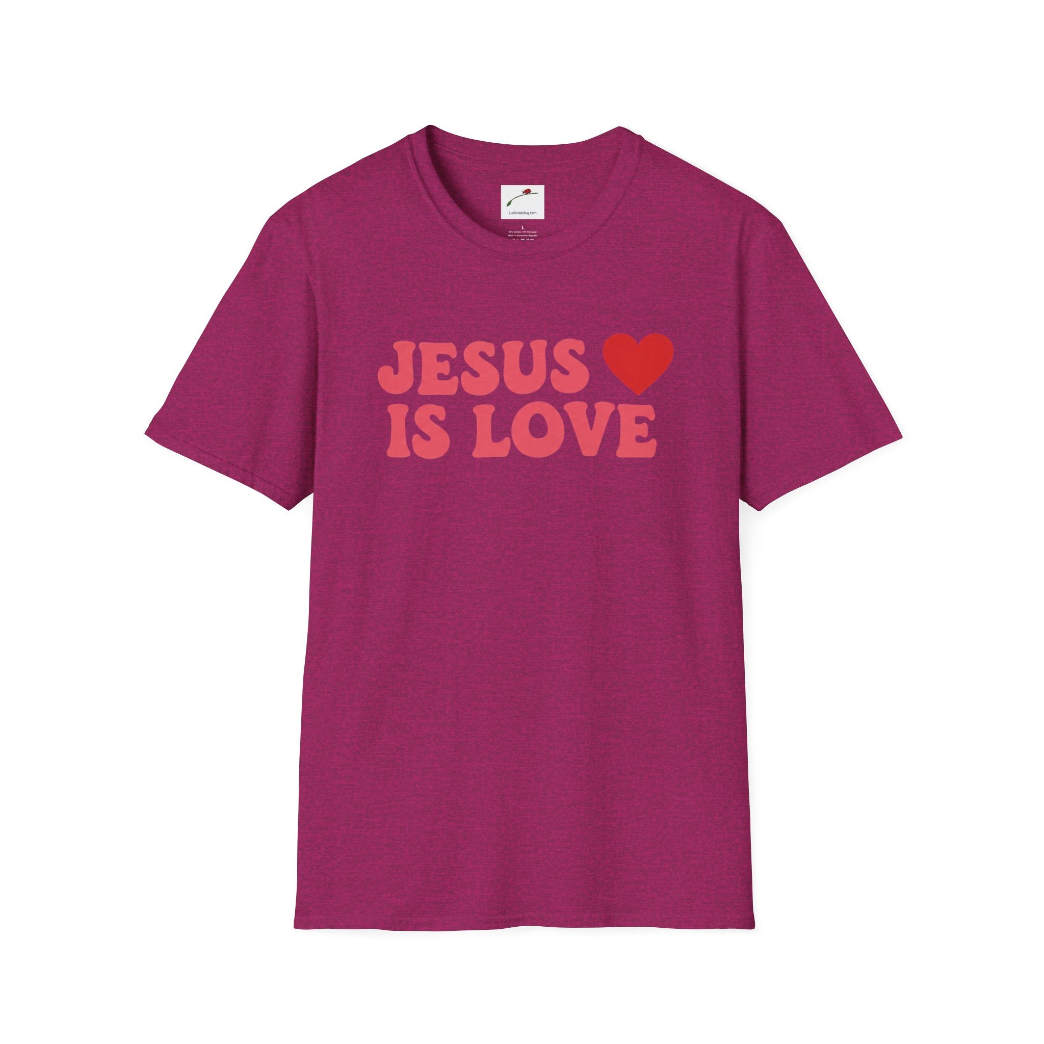 Printify purple Jesus is Love t-shirt with bold text and heart graphic on chest