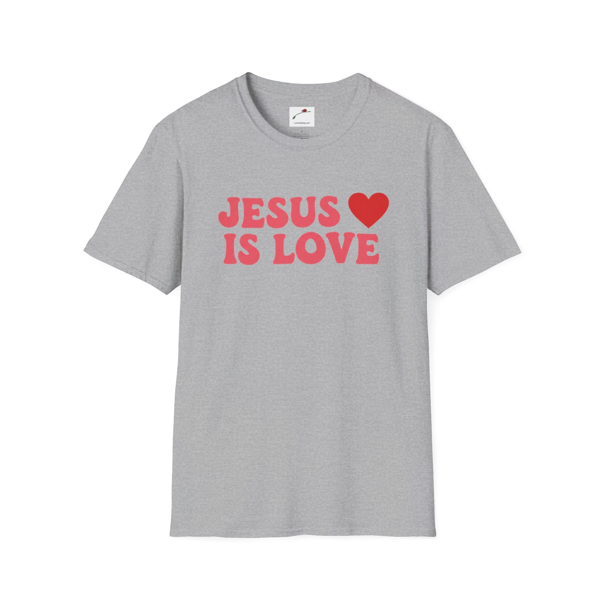 Gray Jesus is Love t-shirt with bold red text and heart graphic from Printify