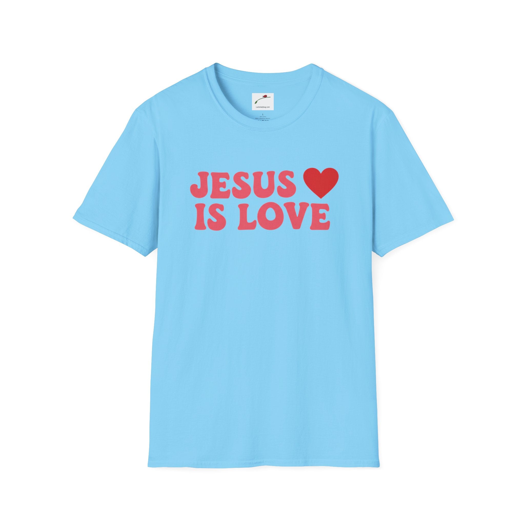 Light blue Jesus is Love t-shirt with red text and heart graphic by Printify