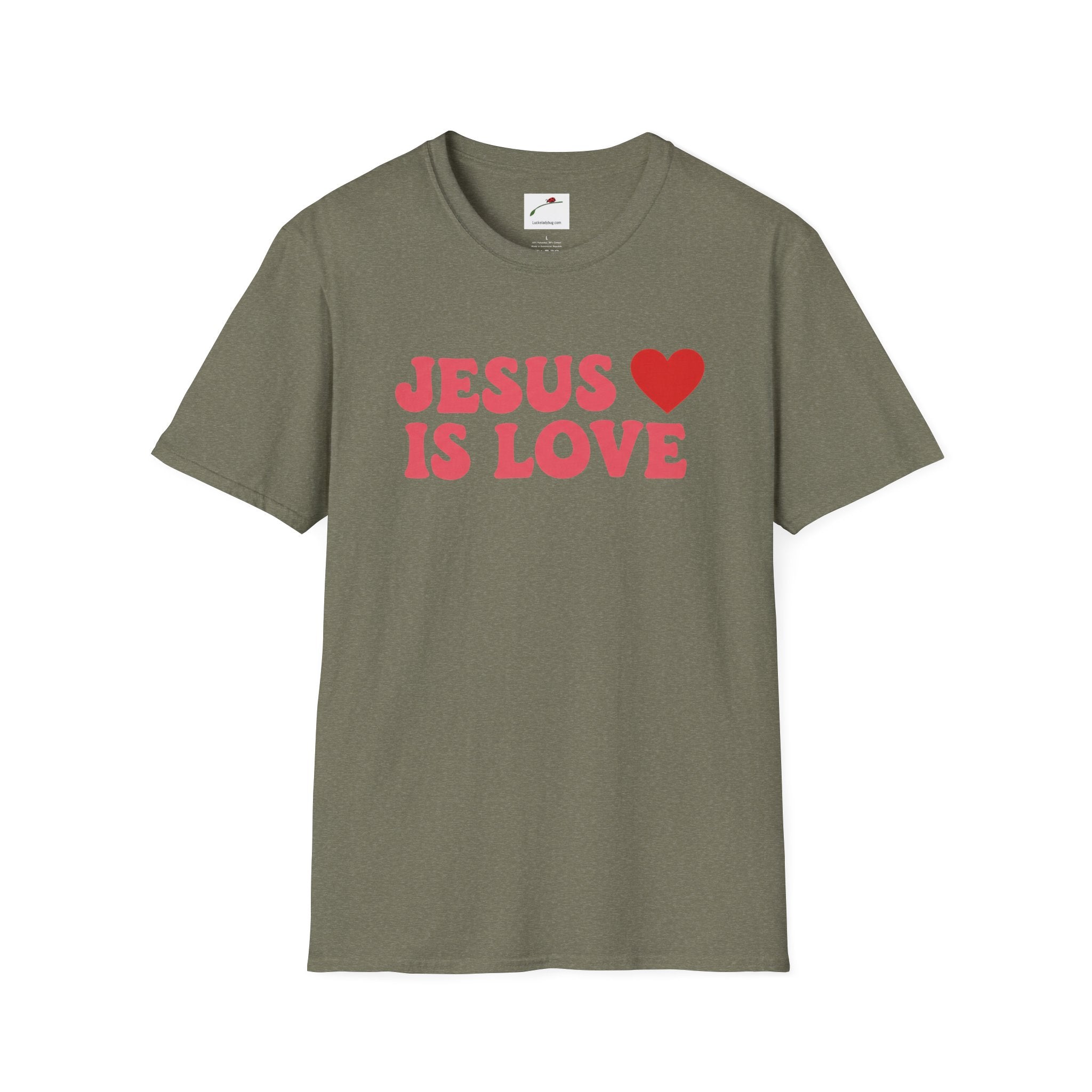 Printify olive green Jesus is Love t-shirt with bold red text and heart graphic