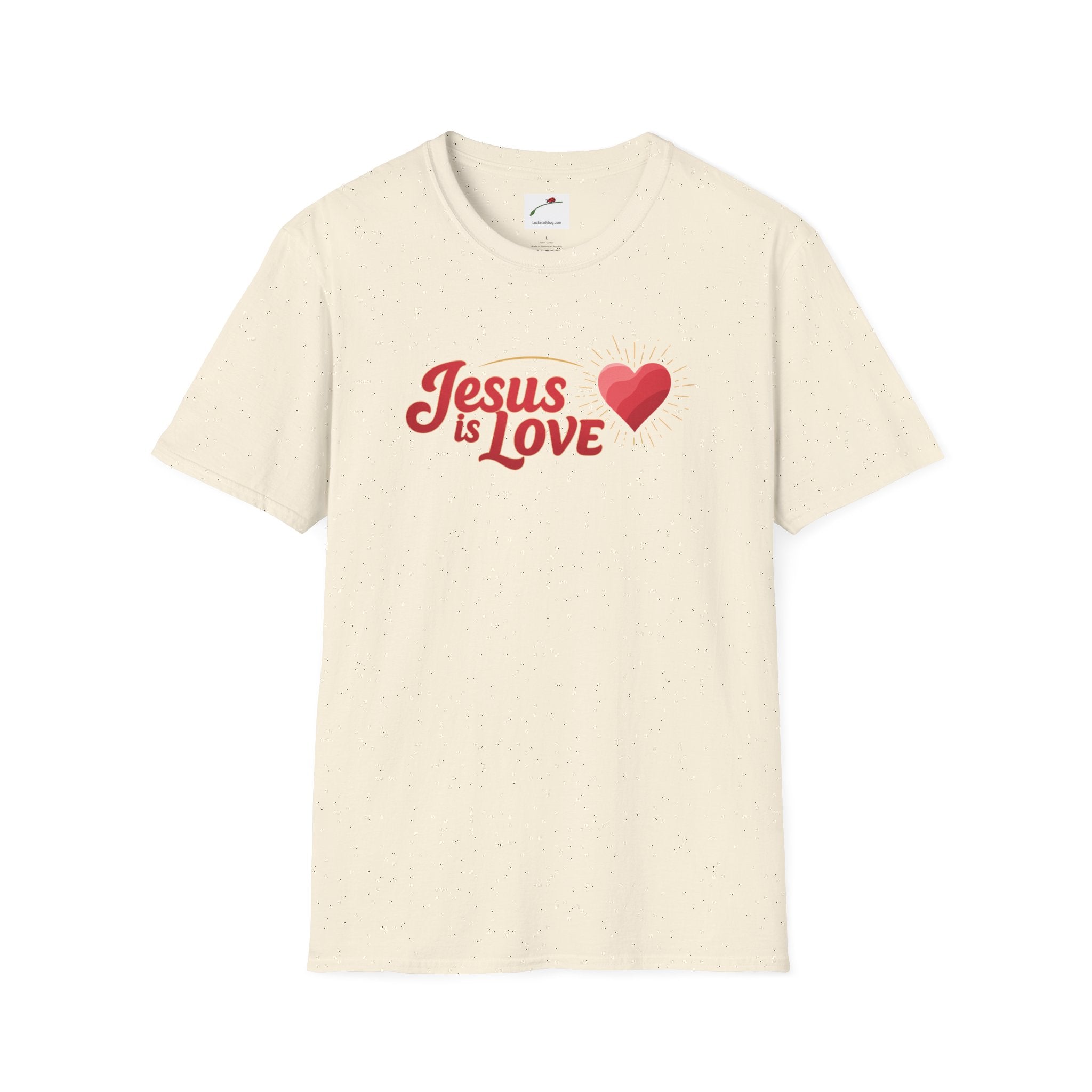 LuckeLadybug Jesus is Love t-shirt in beige with red text and heart graphic on front