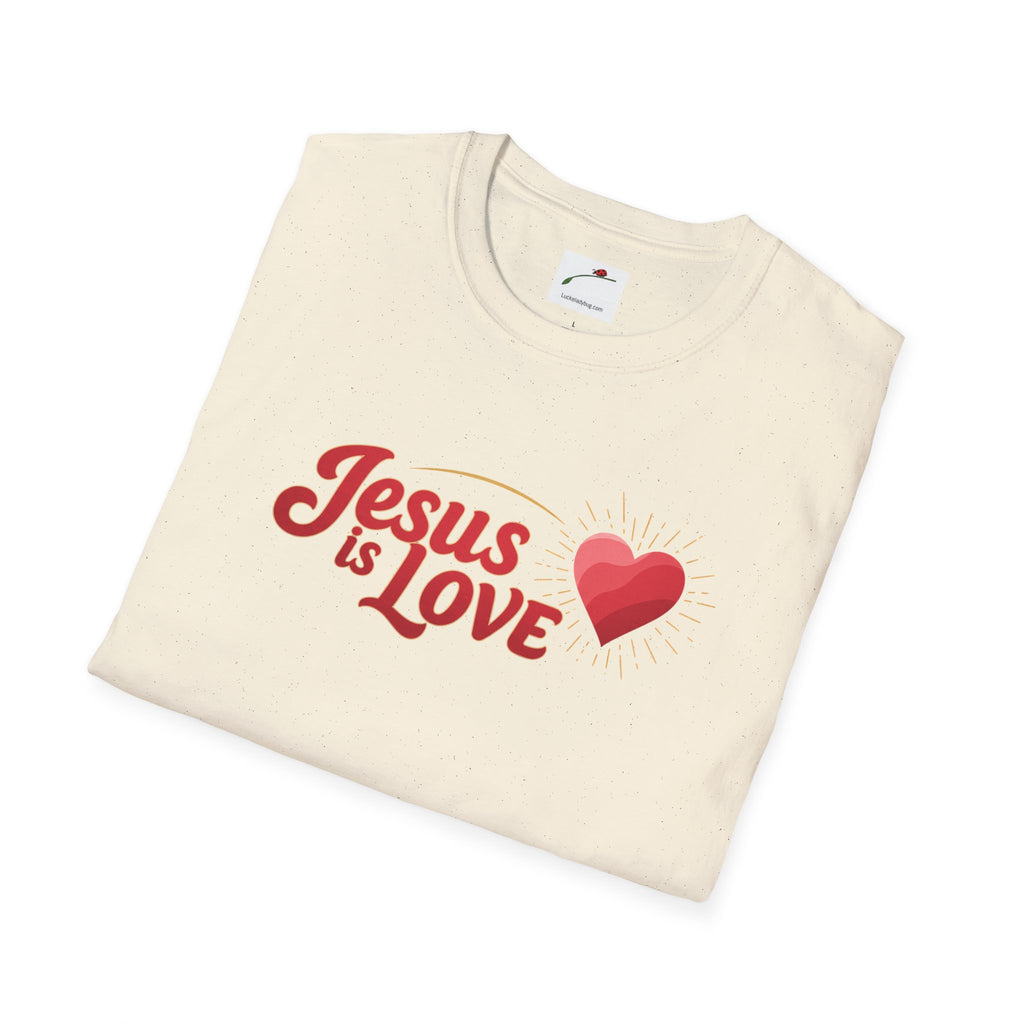 LuckeLadybug Jesus is Love t-shirt in cream with red text and heart graphic folded flat