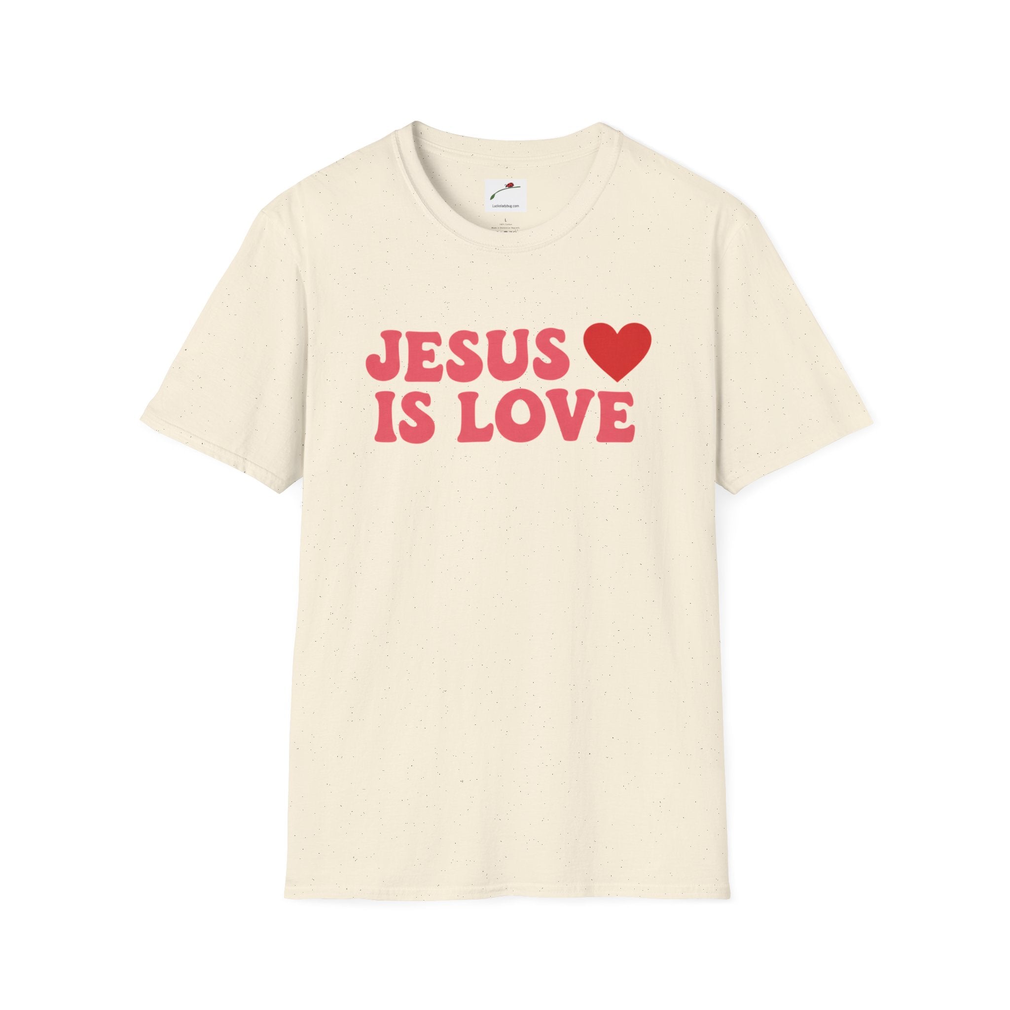 Printify Jesus is Love t-shirt in beige with red text and heart graphic on front
