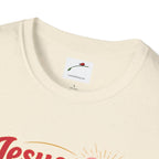 LuckeLadybug Jesus is Love t-shirt in cream with crew neck and soft cotton fabric close up