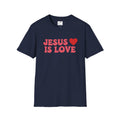 Navy blue Jesus is Love t-shirt with red text and heart graphic by Printify