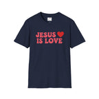 Navy blue Jesus is Love t-shirt with red text and heart graphic by Printify