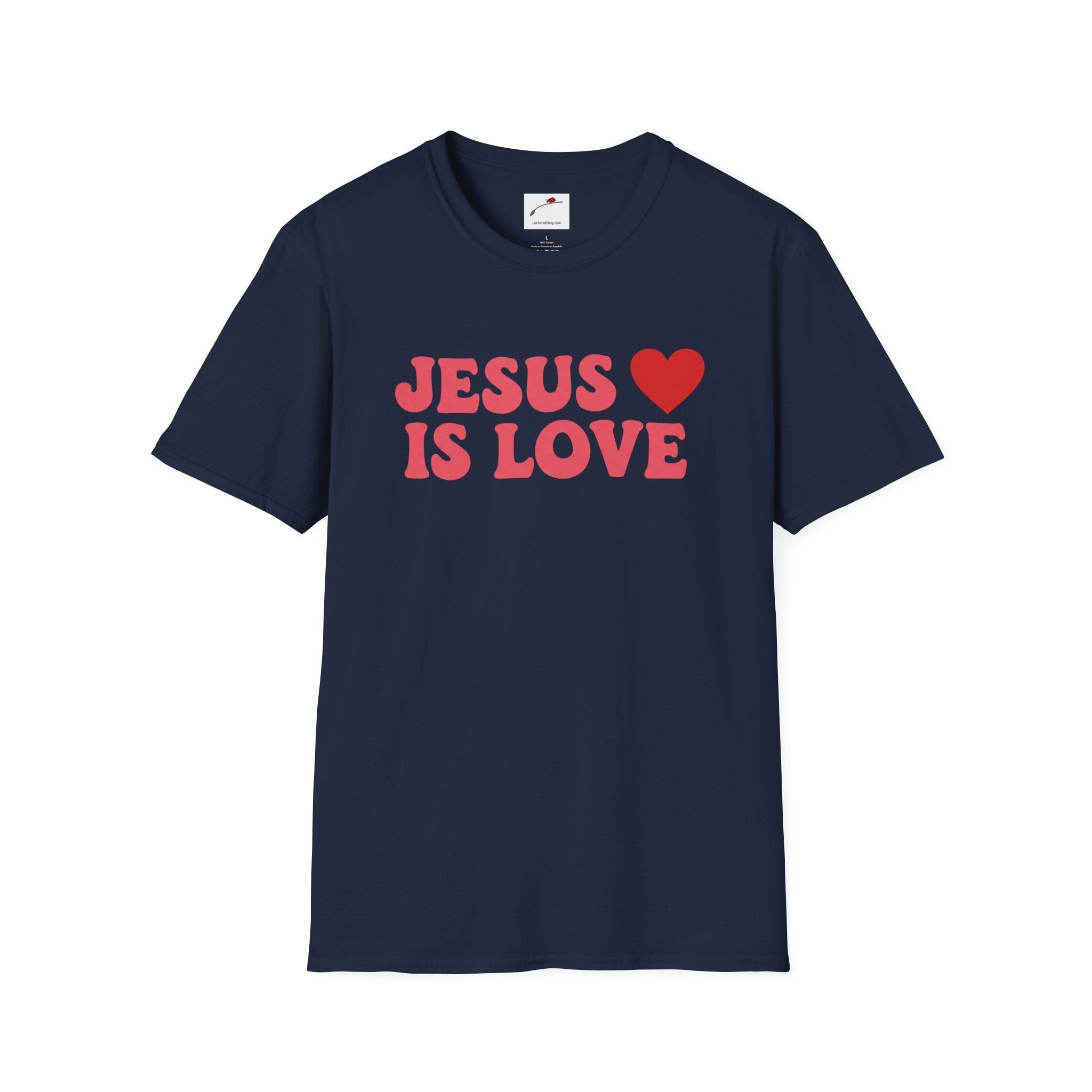 Navy blue Jesus is Love t-shirt with red text and heart graphic by Printify