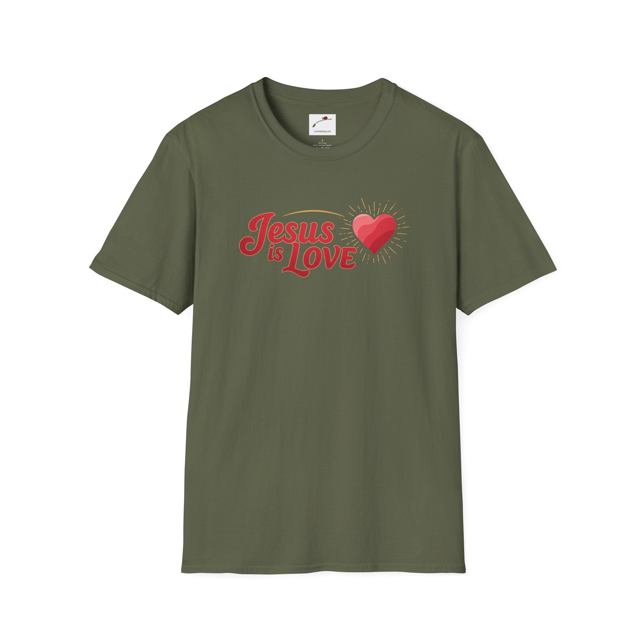 Olive green Jesus is Love t-shirt with red heart graphic by LuckeLadybug