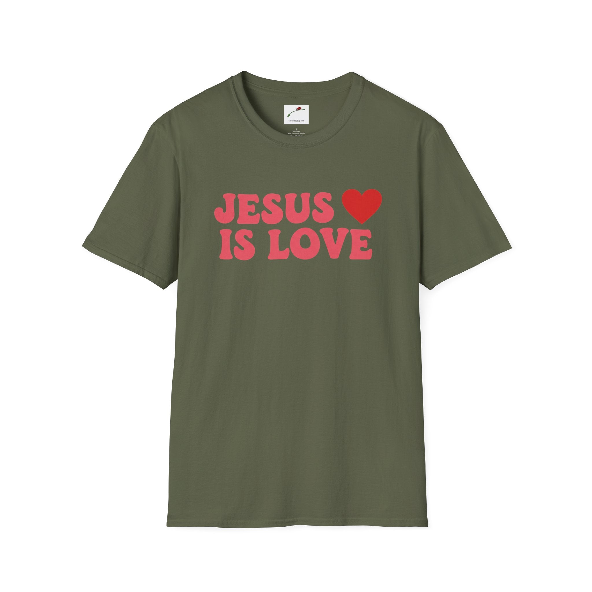 Olive green Printify Jesus is Love t-shirt with red text and heart graphic on front