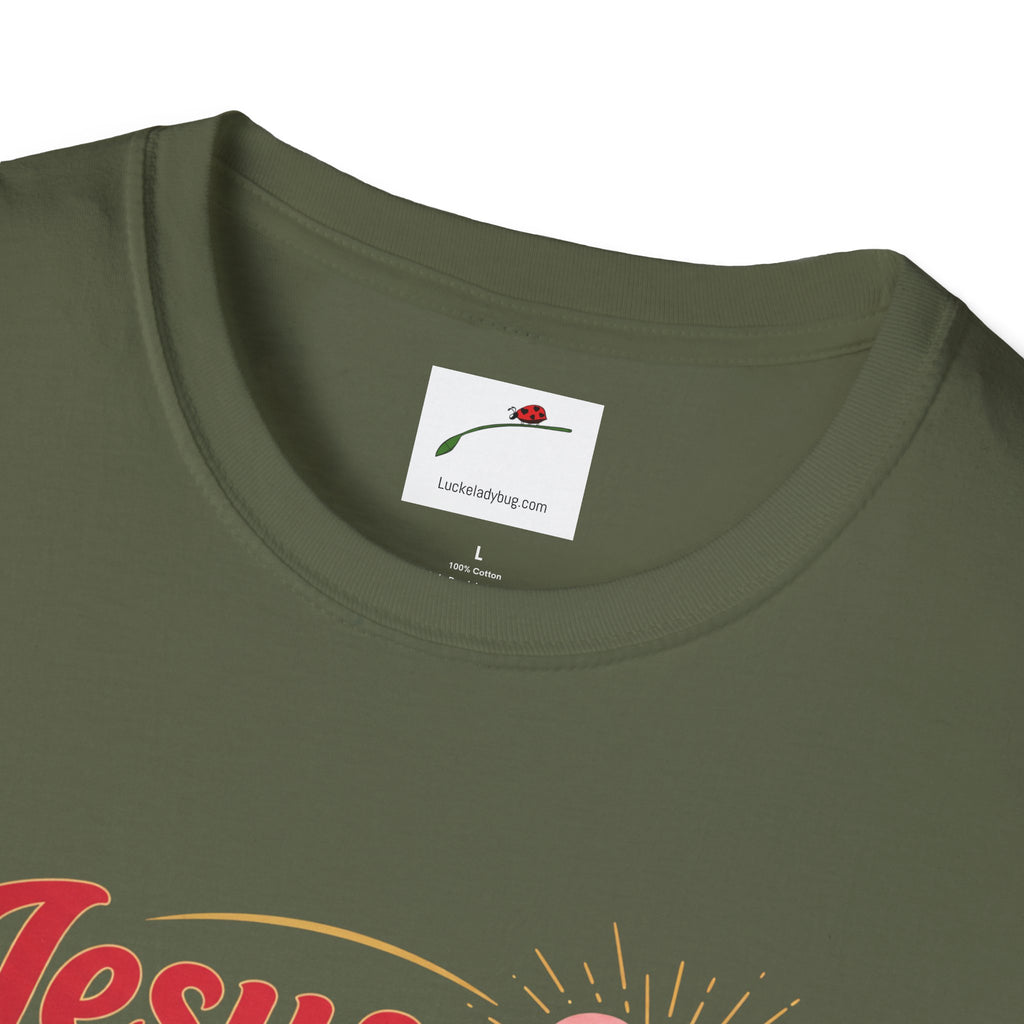 Green Jesus is Love t-shirt by LuckeLadybug in size large with round neckline and red and yellow design