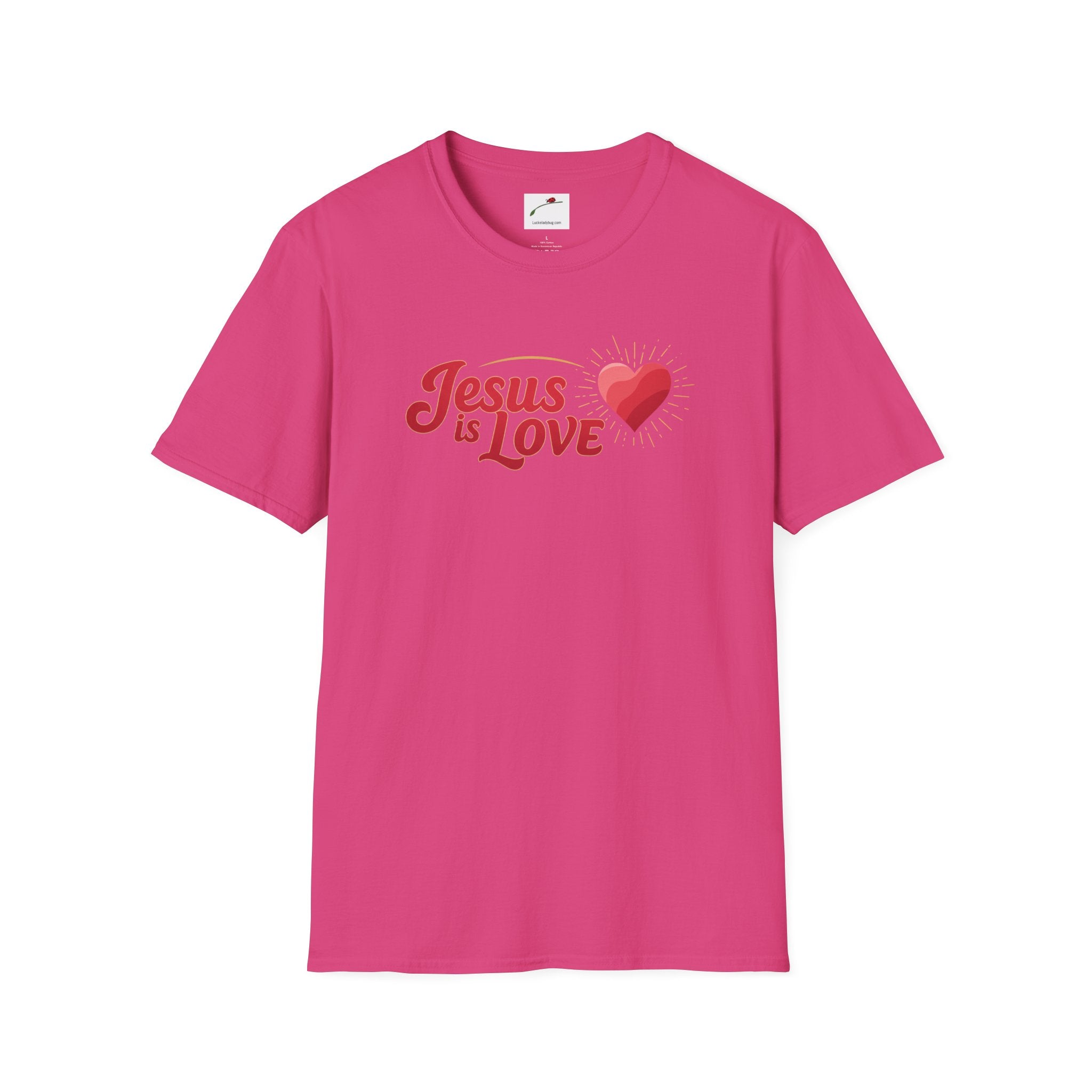 Pink Jesus is Love t-shirt with red heart graphic and LuckeLadybug branding