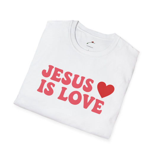 White folded Jesus is Love t-shirt with red heart graphic by Printify