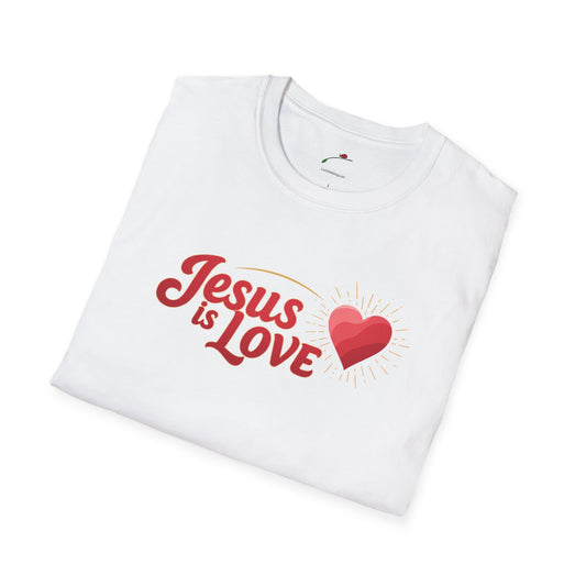 White Jesus is Love t-shirt with red text and heart graphic folded neatly