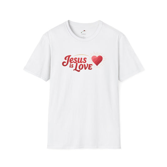 White Jesus is Love t-shirt with red text and heart graphic by LuckeLadybug