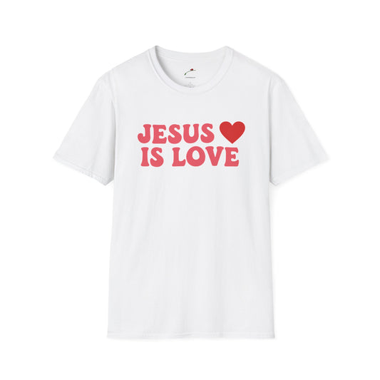 White Jesus is Love t-shirt with red text and heart graphic by Printify
