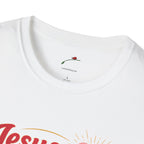 Close-up of white Jesus is Love t-shirt collar and part of printed design by LuckeLadybug