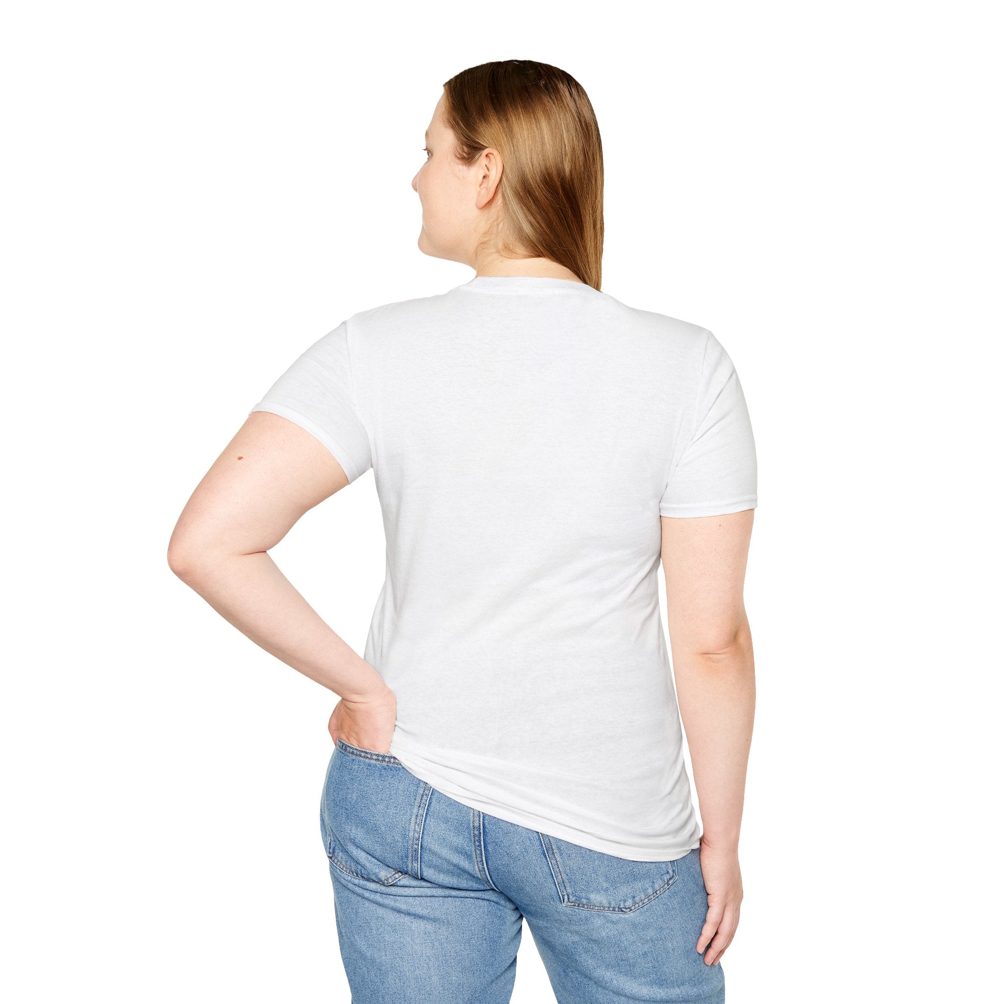 Back view of woman wearing a plain white Jesus is Love t-shirt and blue jeans