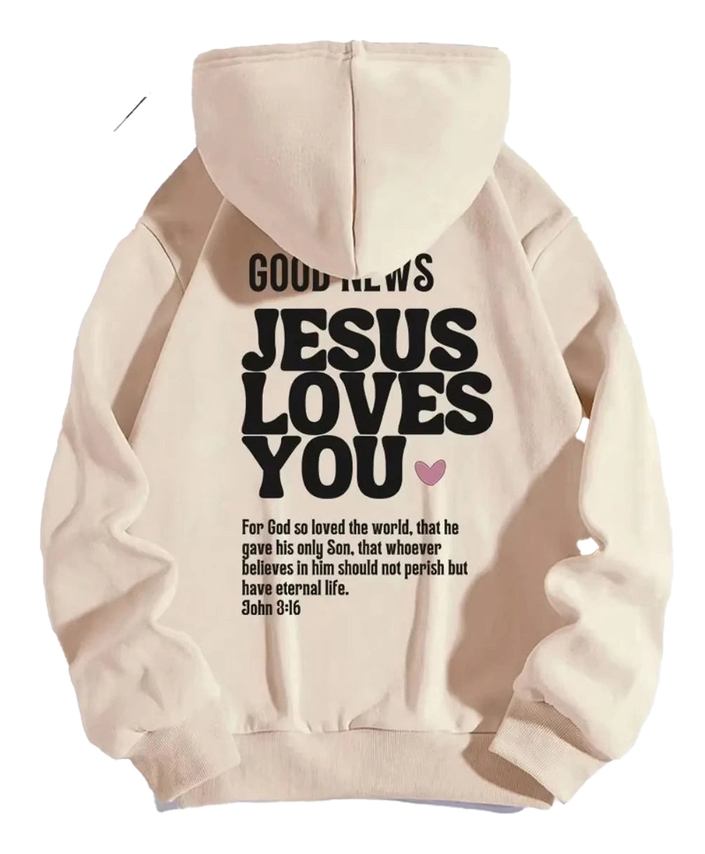 Light beige Jesus loves you hoodie with inspirational text on the back and soft fabric for comfort