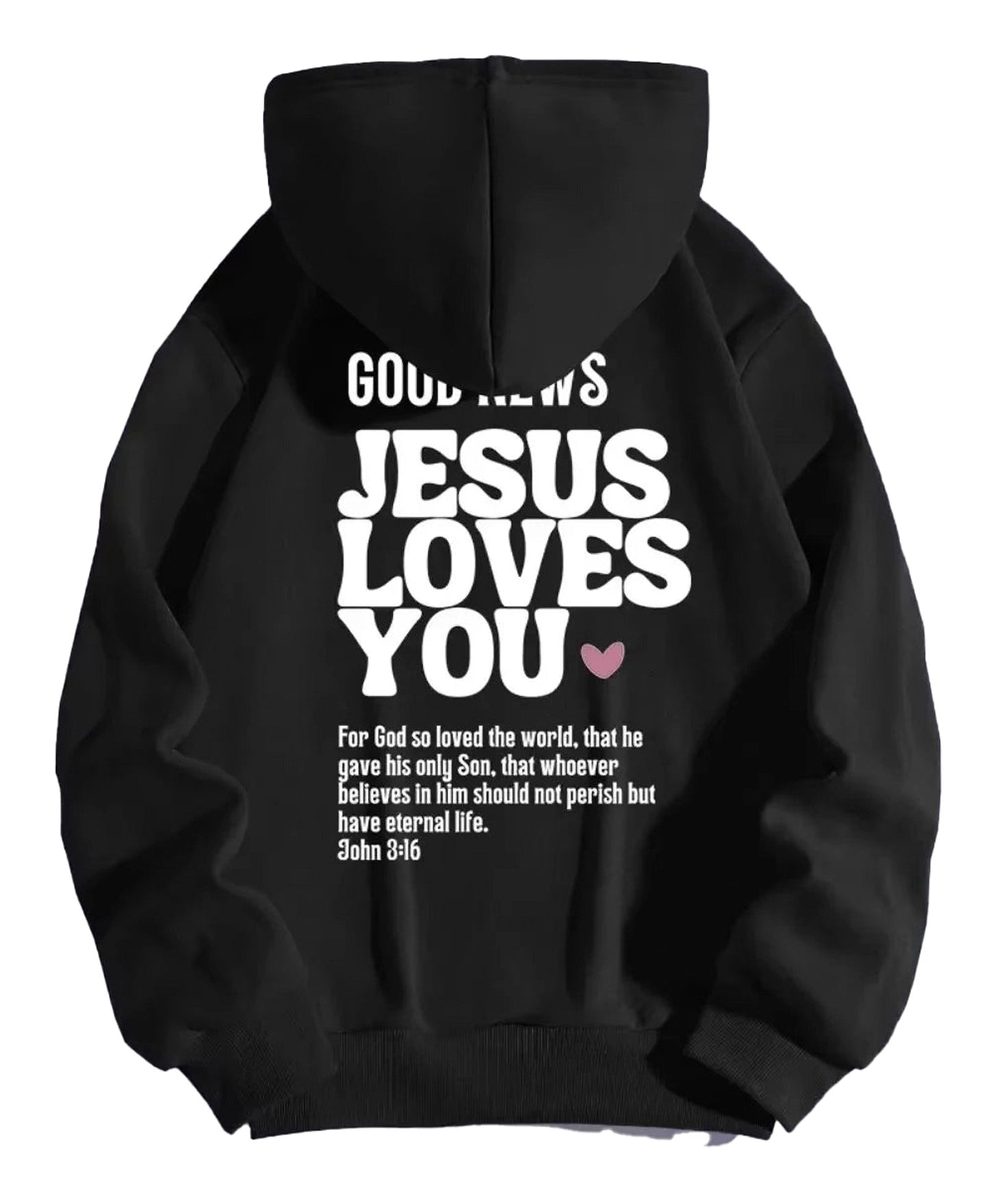Black Jesus loves you hoodie with bold text and Bible verse on the back for a stylish message of faith